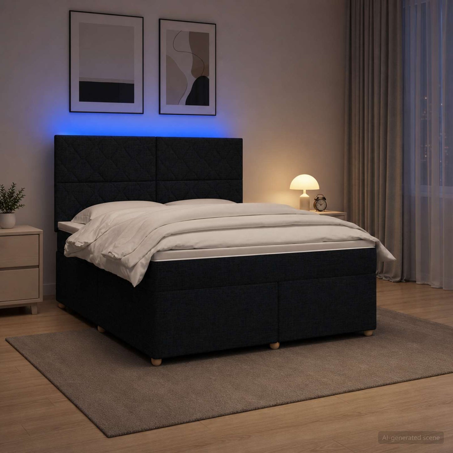 Boxmadras med topmadras med hovedgærde Sort 160 x 200 cm Stof