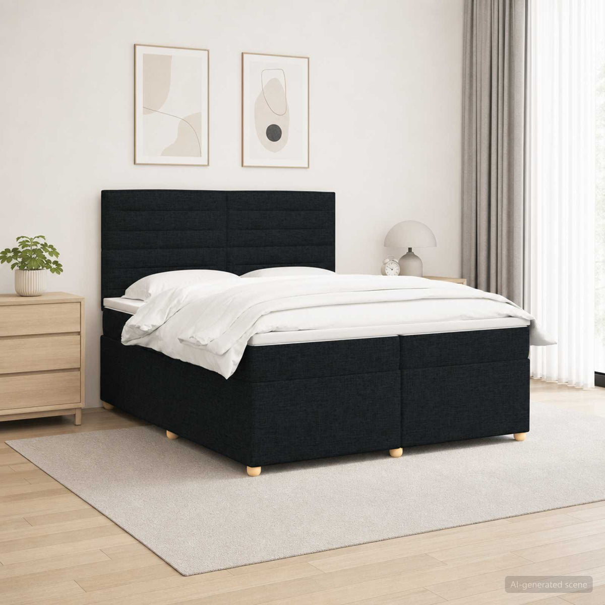 Boxmadras med topmadras med hovedgærde Sort 200 x 200 cm Stof