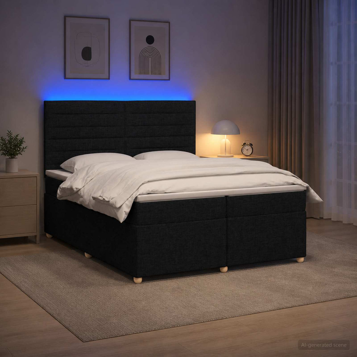 Boxmadras med topmadras med hovedgærde Sort 200 x 200 cm Stof