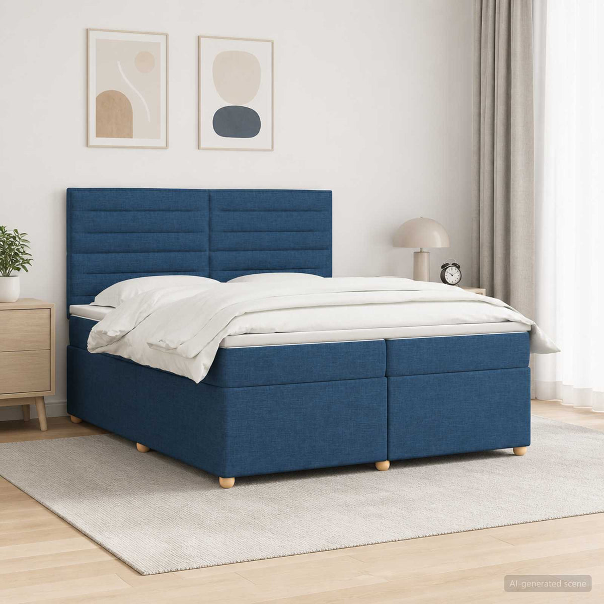Boxmadras med topmadras med hovedgærde Blå 200 x 200 cm Stof