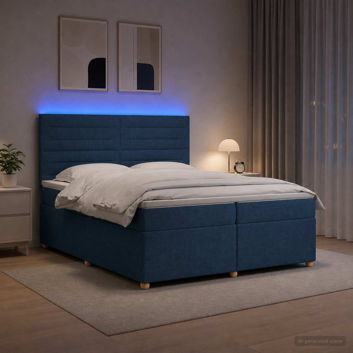 Boxmadras med topmadras med hovedgærde Blå 200 x 200 cm Stof