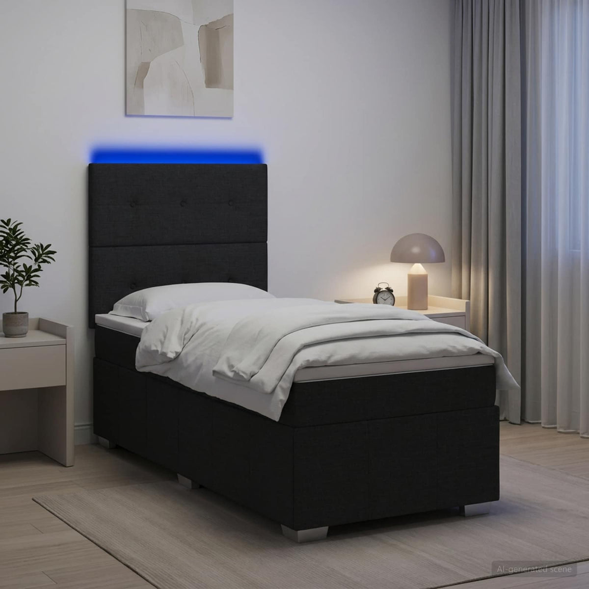 LED boksmadrasseng med madras Sort 100 x 200 cm Stof