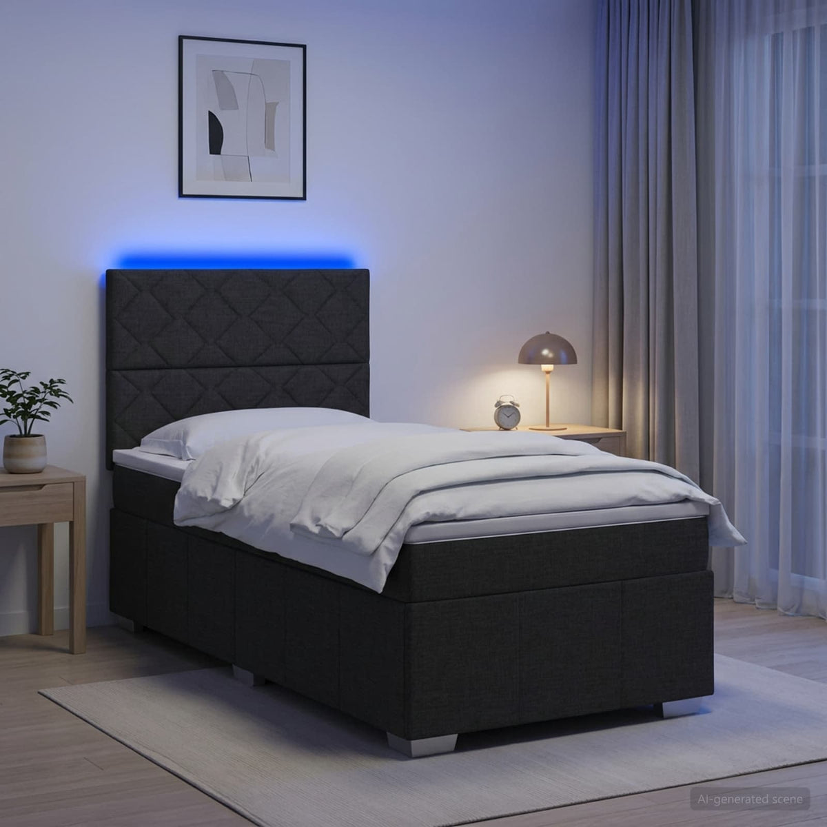 LED boksmadrasseng med madras Sort 90 x 200 cm Stof