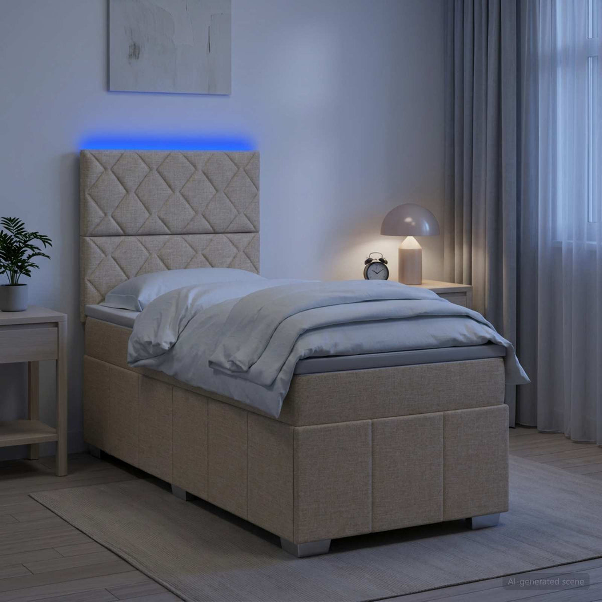 LED boksmadrasseng med madras Cremefarvet 90 x 200 cm Stof