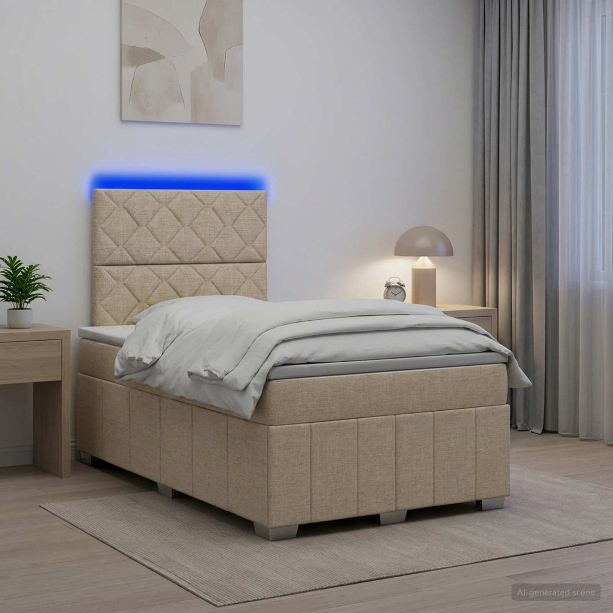 LED boksmadrasseng med madras Cremefarvet 120 x 200 cm Stof