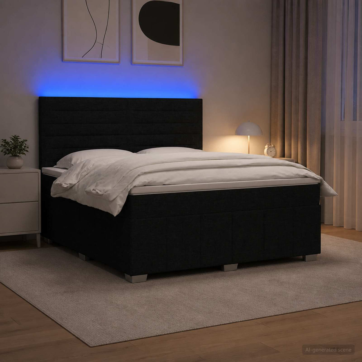 LED boksmadrasseng med madras Sort 180 x 200 cm Stof