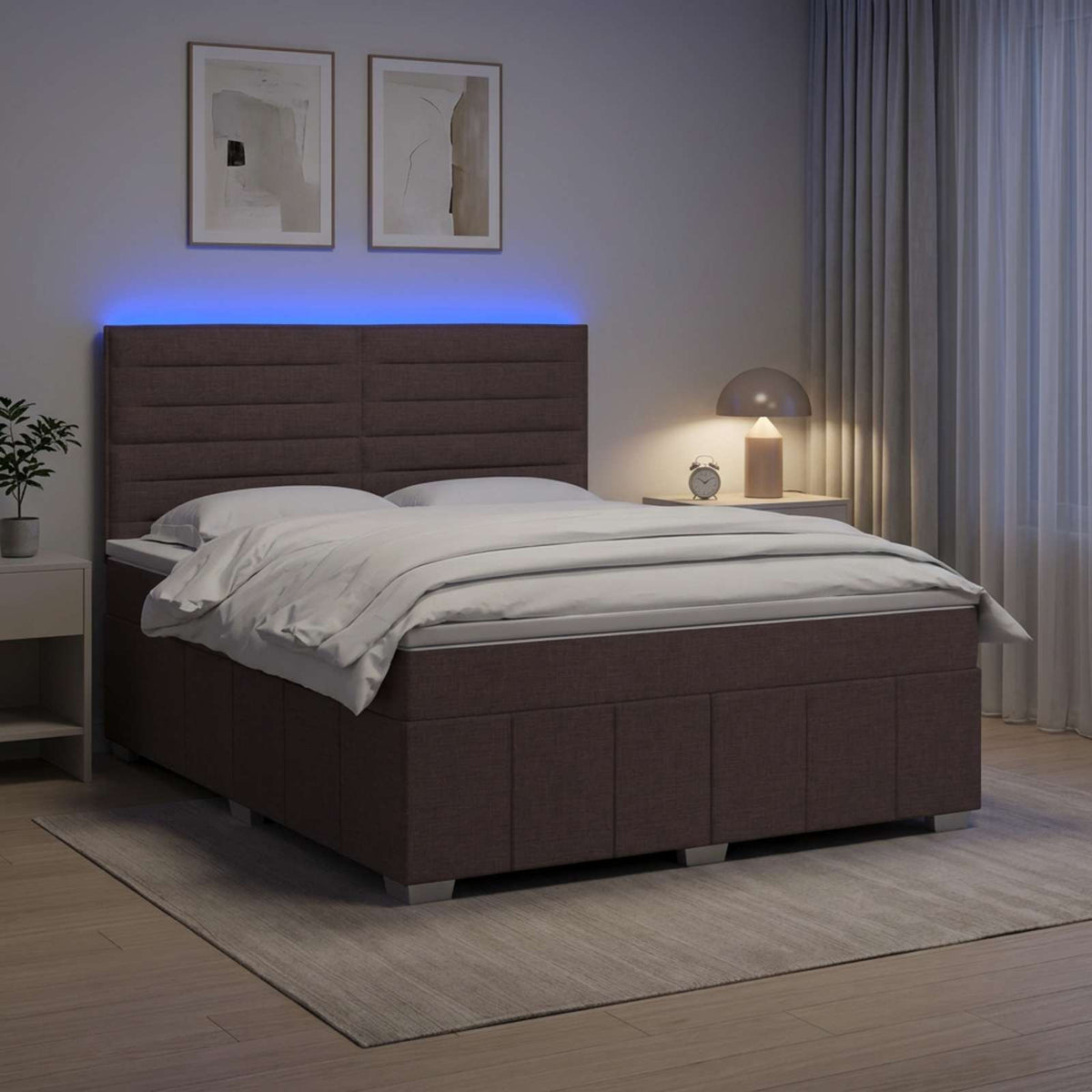 LED boksmadrasseng med madras Mørk Brun 140 x 200 cm Stof