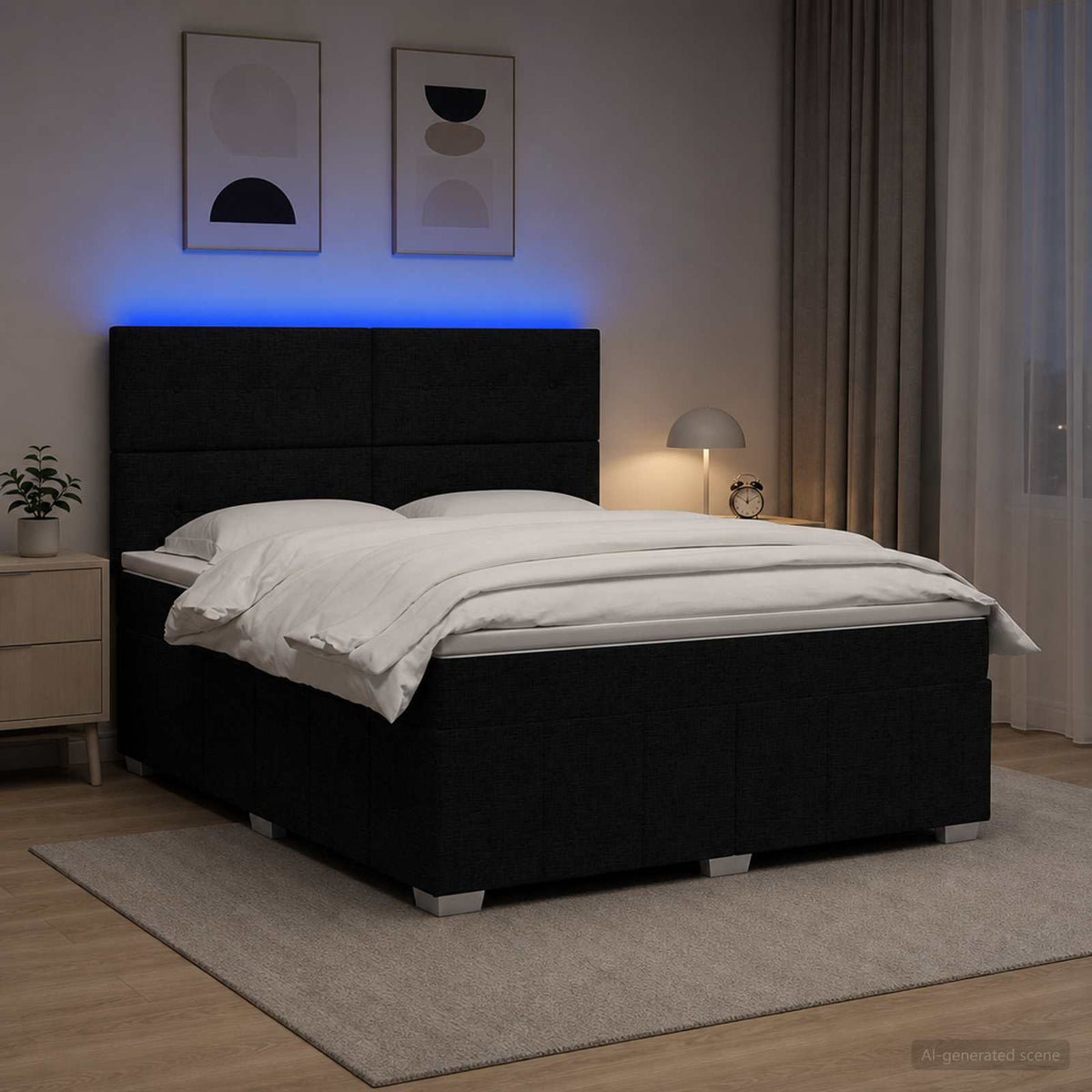 LED boksmadrasseng med madras Sort 140 x 190 cm Stof