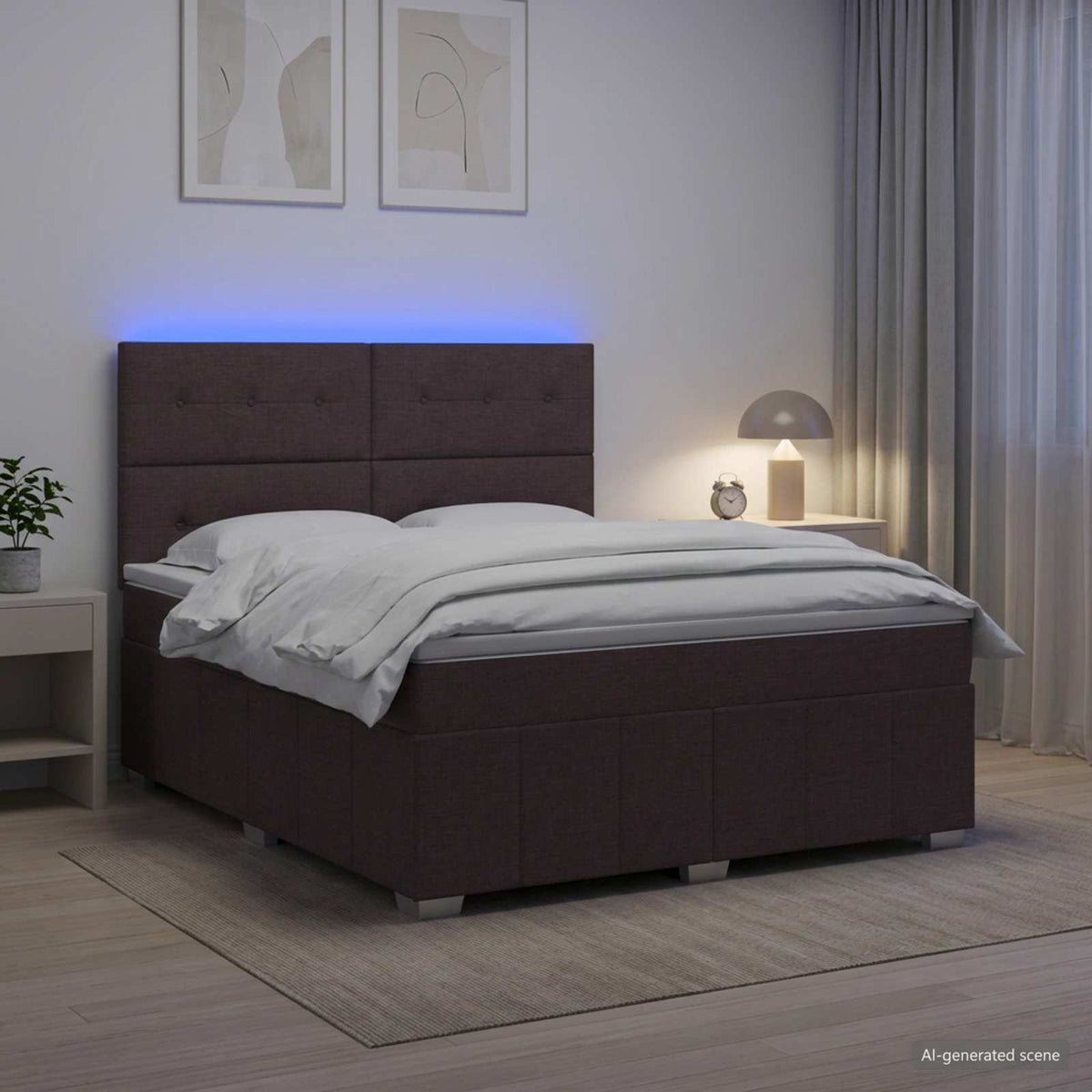 LED boksmadrasseng med madras Mørk Brun 160 x 200 cm Stof