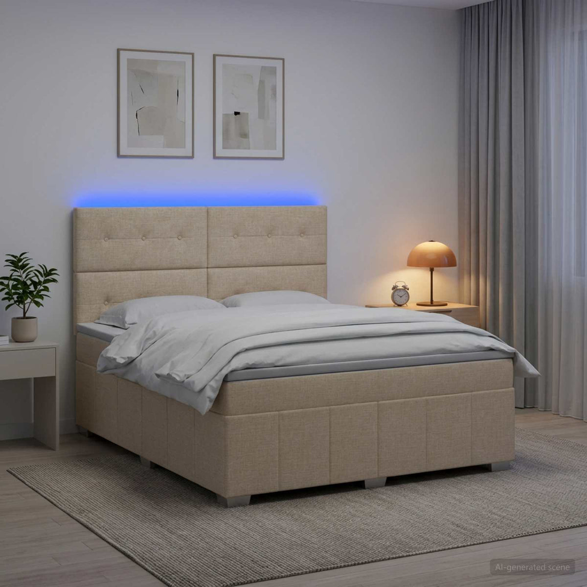 LED boksmadrasseng med madras Cremefarvet 140 x 200 cm Stof
