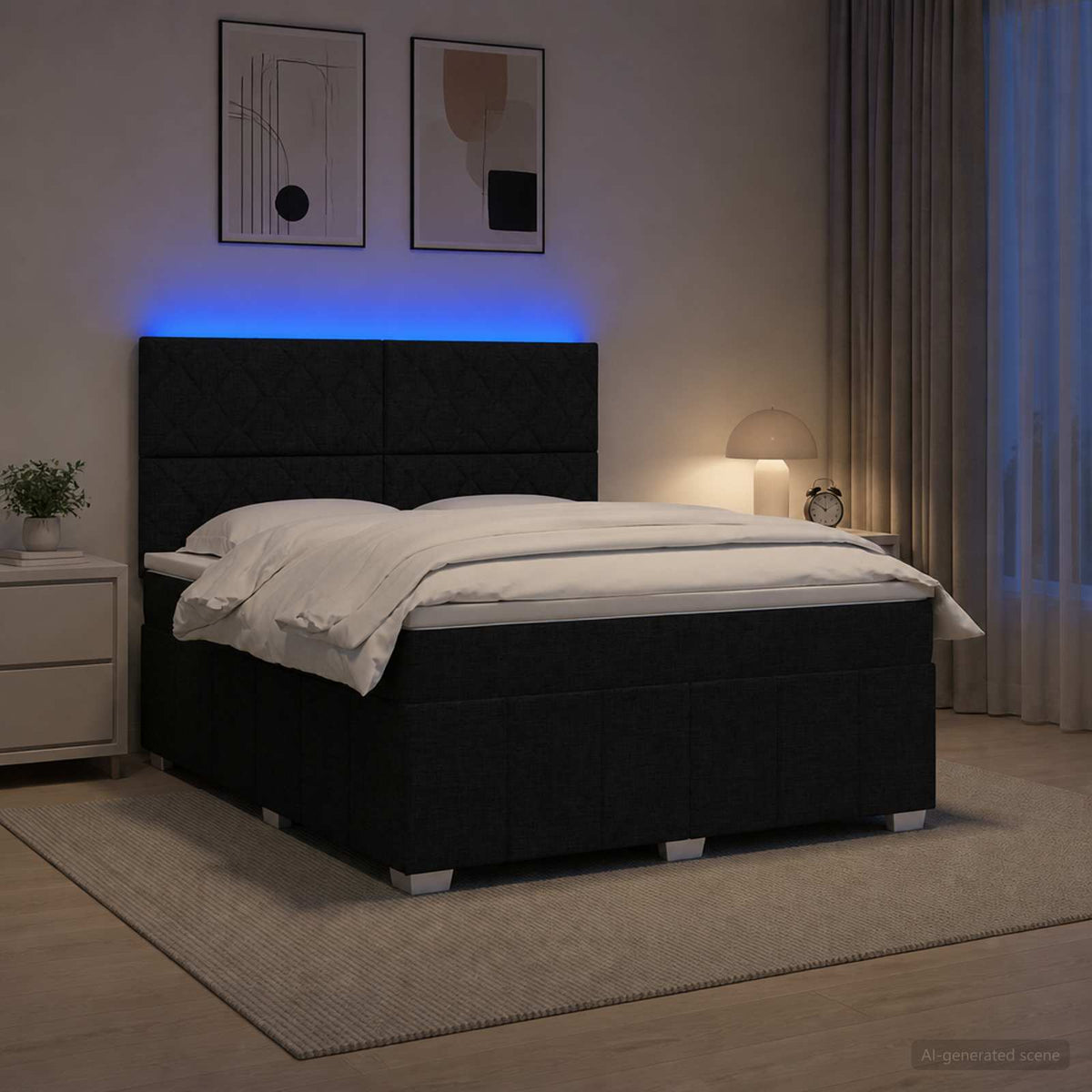 LED boksmadrasseng med madras Sort 180 x 200 cm Stof