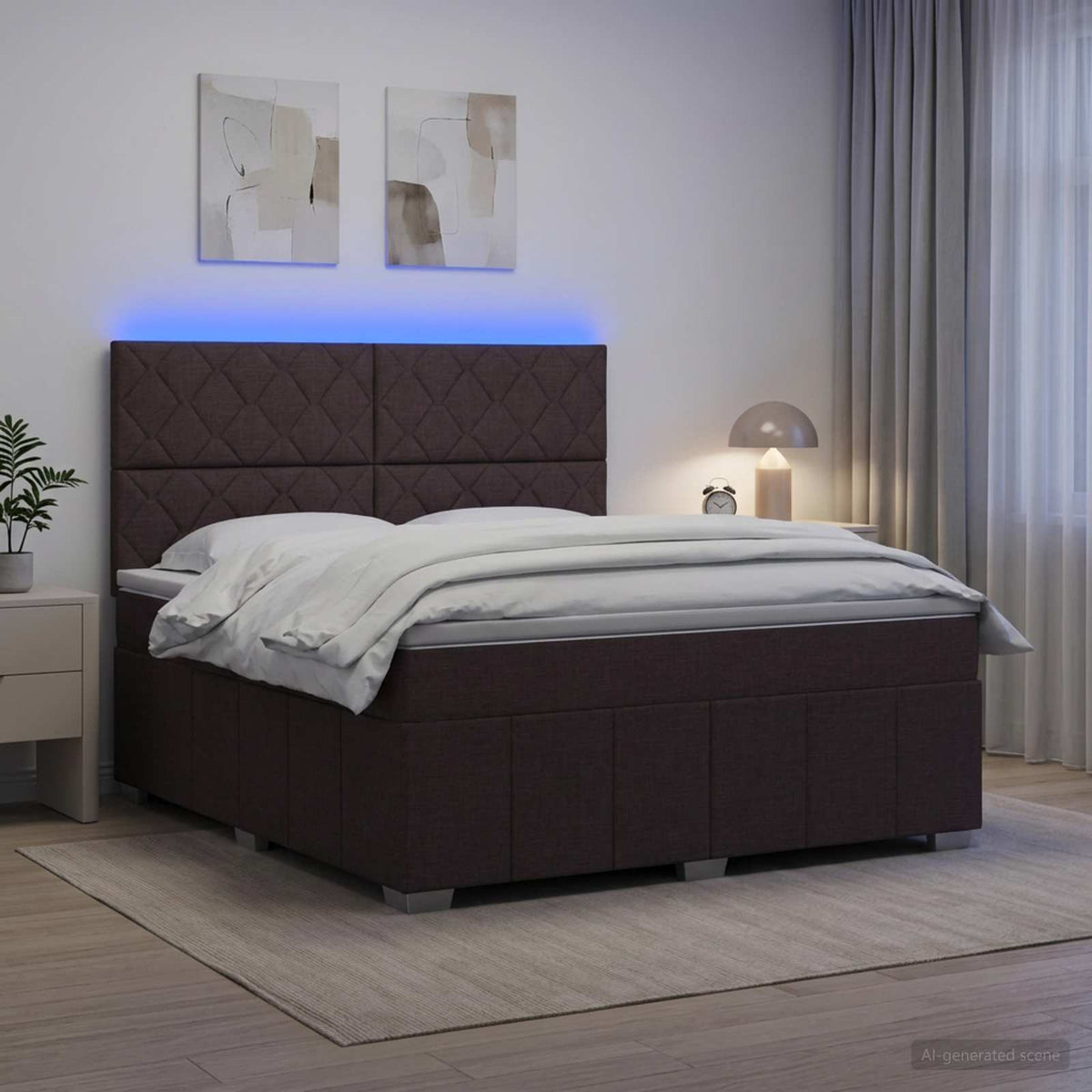 LED boksmadrasseng med madras Mørk Brun 180 x 200 cm Stof