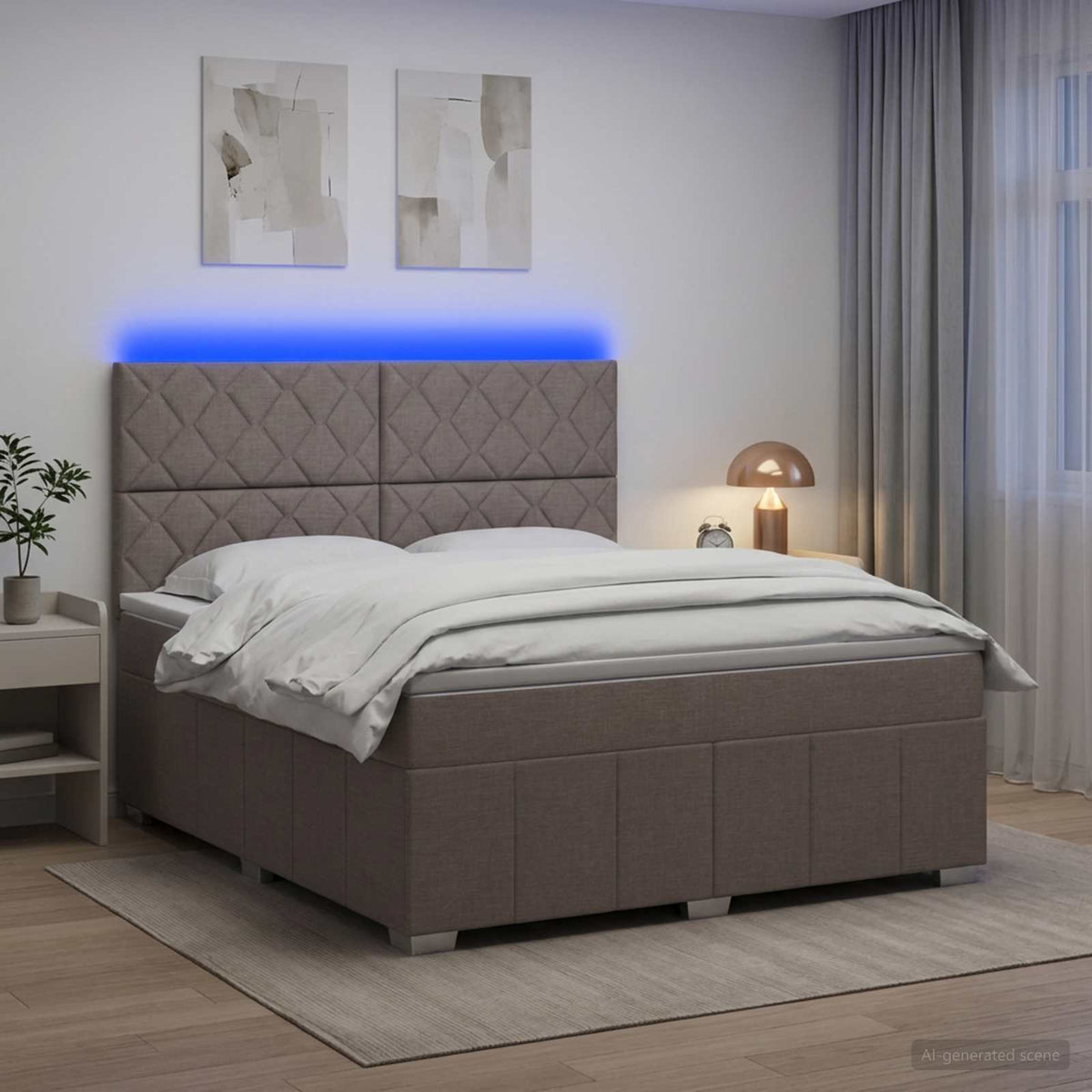 LED boksmadrasseng med madras Gråbrun 140 x 200 cm Stof