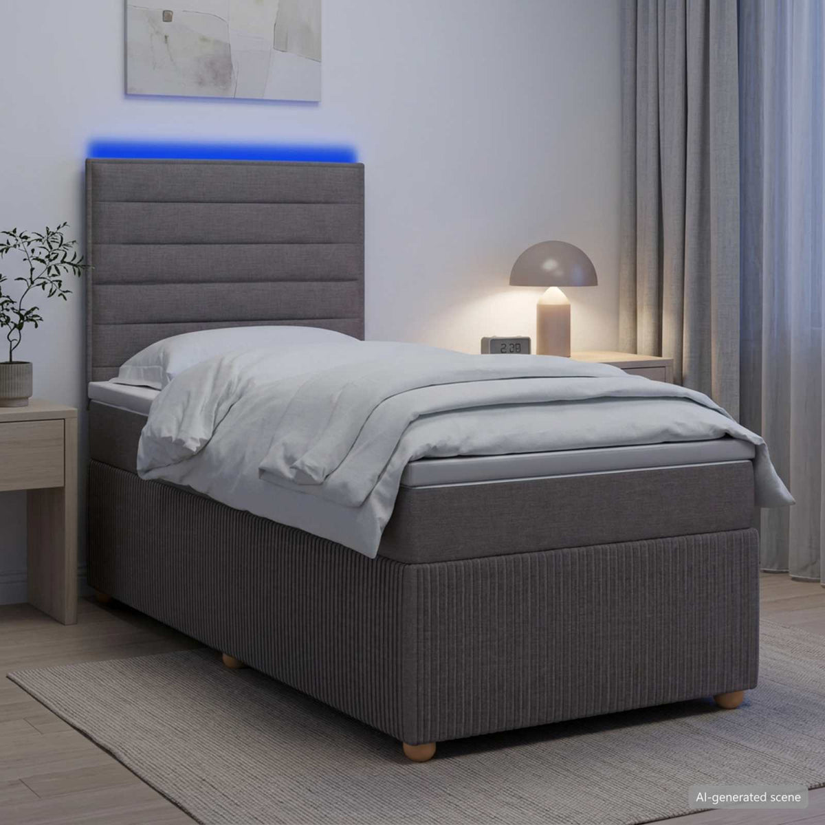 LED boksmadrasseng med madras Gråbrun 90 x 200 cm Stof