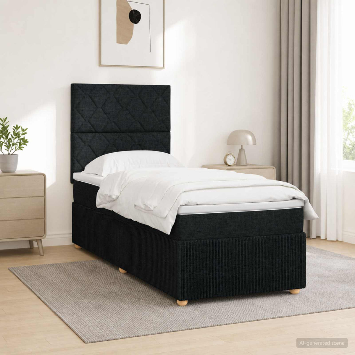 LED boksmadrasseng med madras Sort 90 x 190 cm Stof