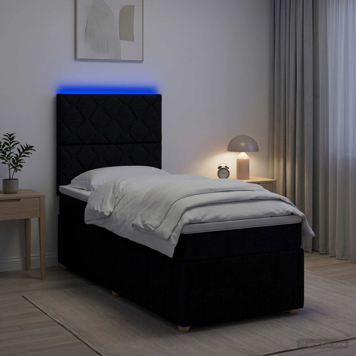 LED boksmadrasseng med madras Sort 90 x 200 cm Stof