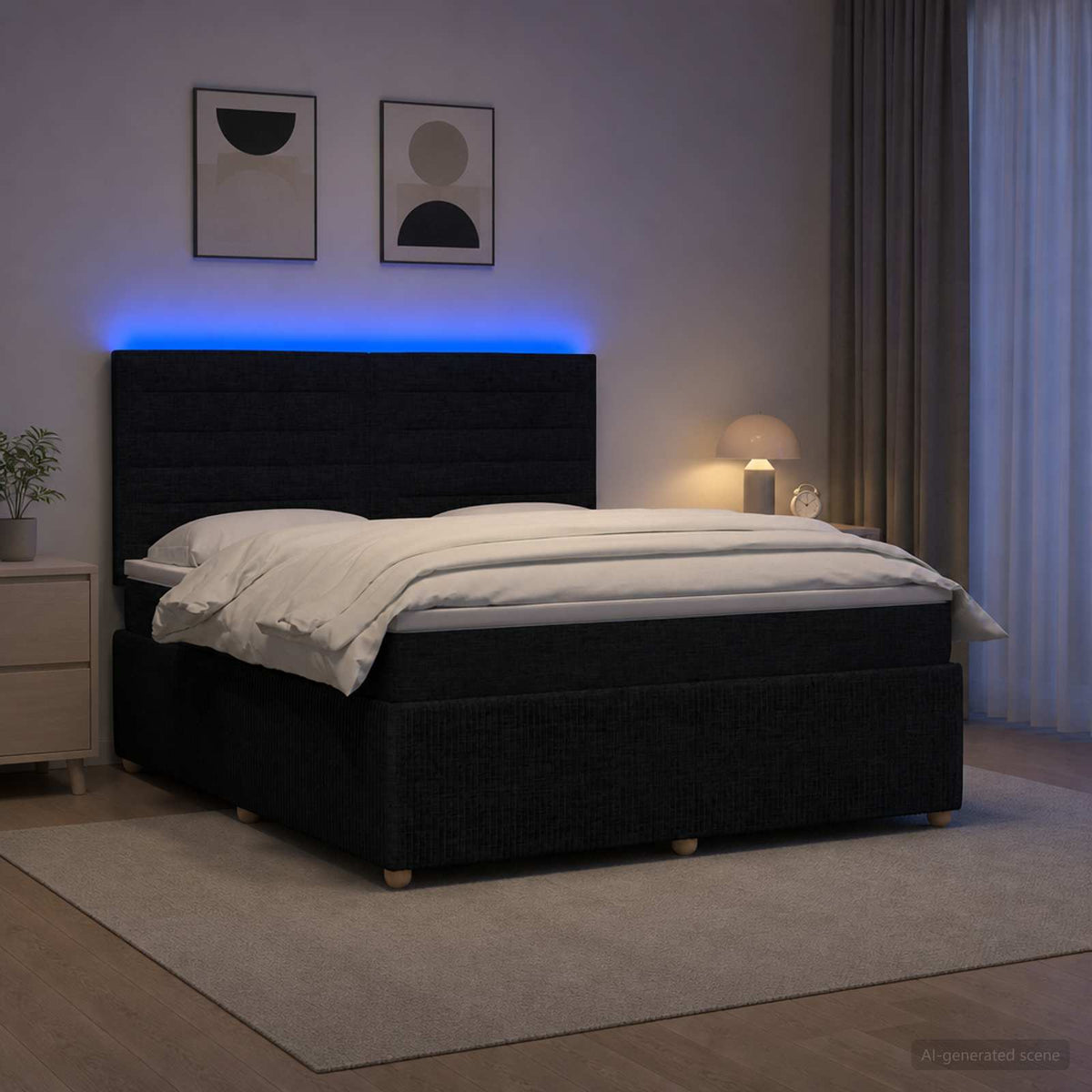 LED boksmadrasseng med madras Sort 140 x 190 cm Stof