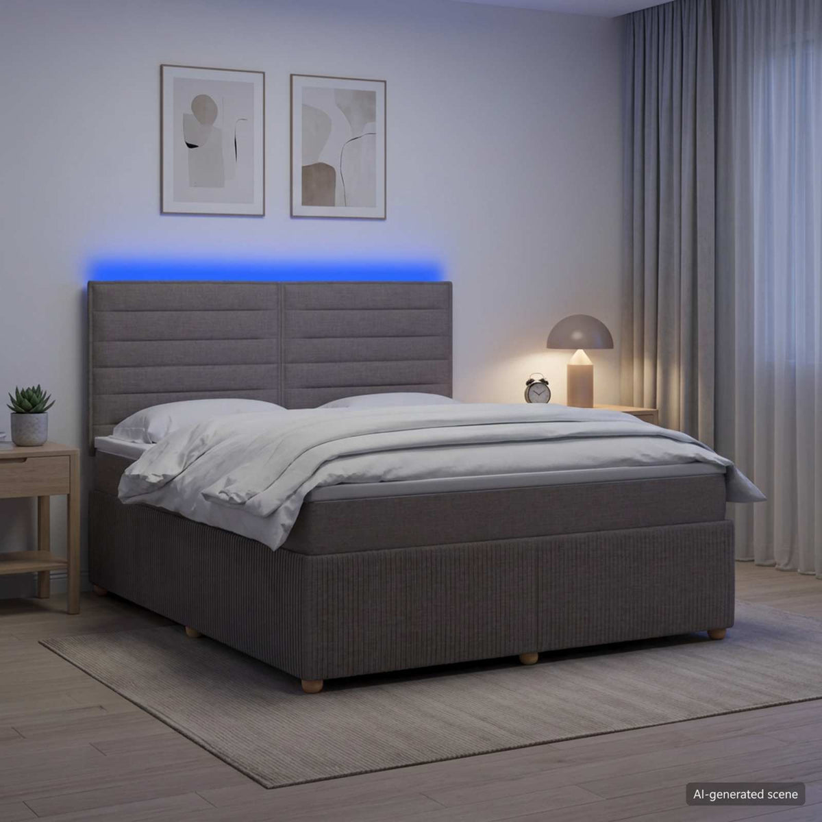 LED boksmadrasseng med madras Gråbrun 180 x 200 cm Stof