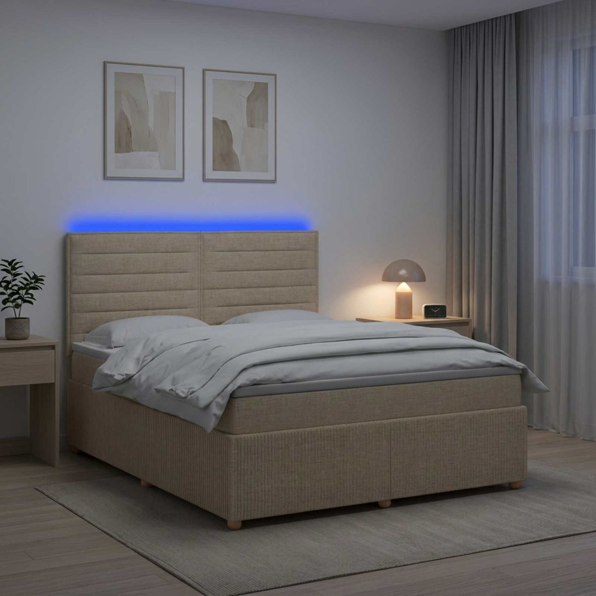 LED boksmadrasseng med madras Cremefarvet 160 x 200 cm Stof