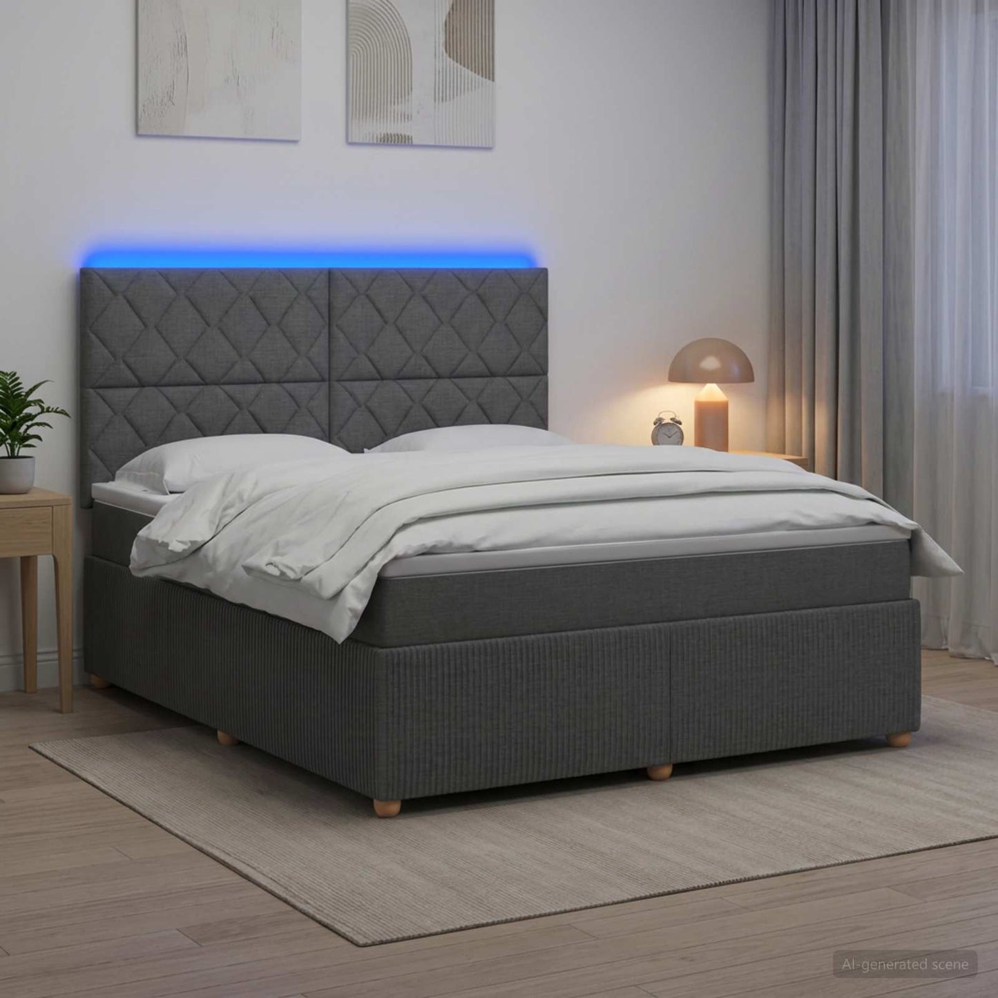 LED boksmadrasseng med madras Mørkegrå 140 x 190 cm Stof
