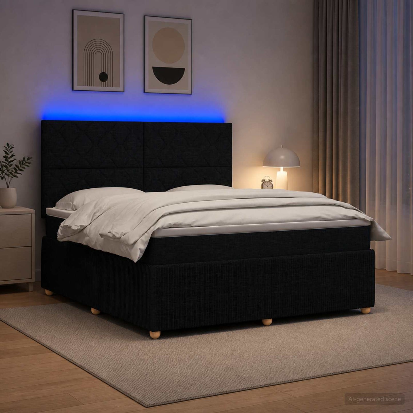 LED boksmadrasseng med madras Sort 180 x 200 cm Stof