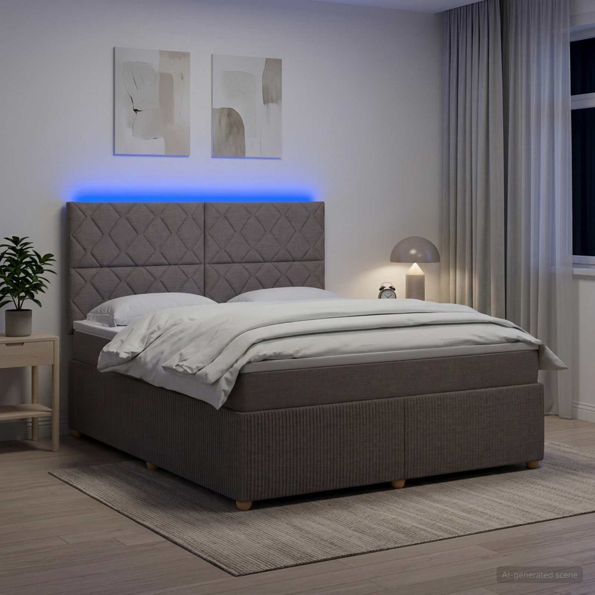 LED boksmadrasseng med madras Gråbrun 160 x 200 cm Stof