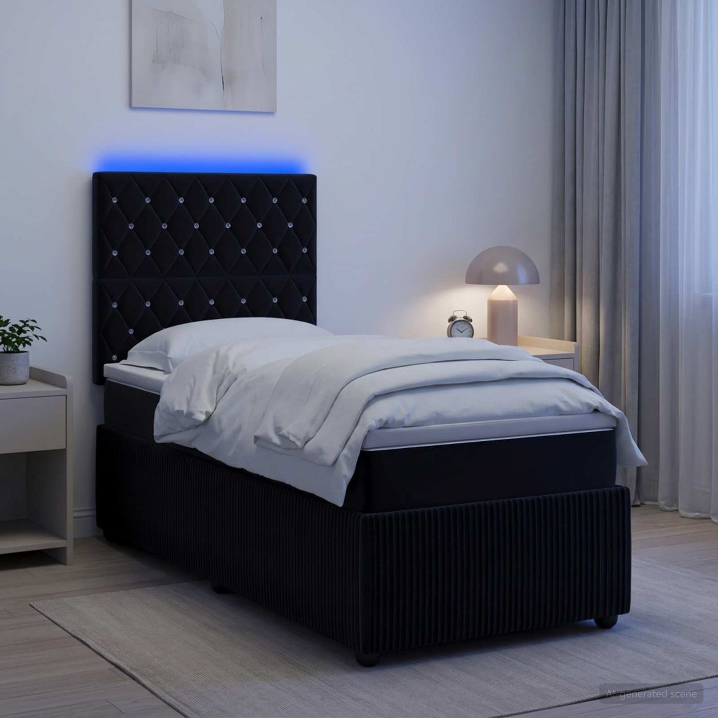LED boksmadrasseng med madras Sort 90 x 190 cm Fløjl