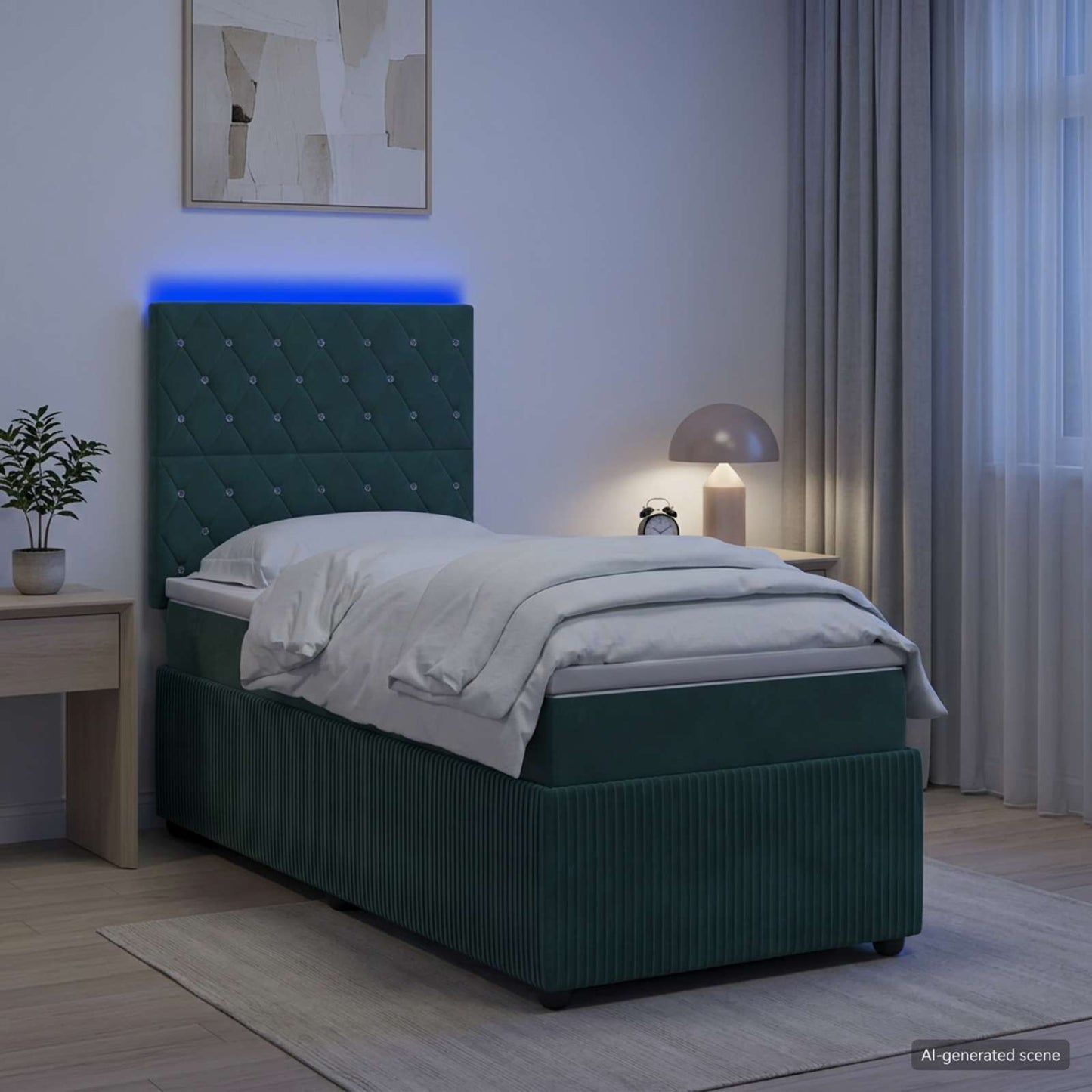 LED boksmadrasseng med madras Mørkegrøn 90 x 200 cm Fløjl