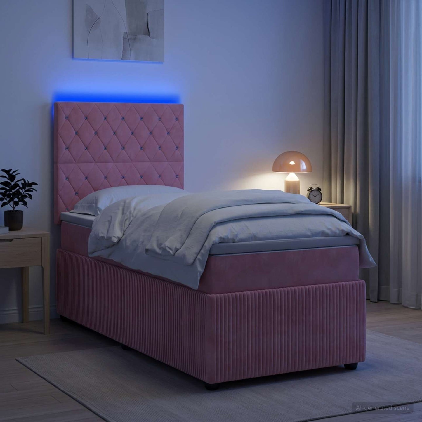 LED boksmadrasseng med madras Lyserød 100 x 200 cm Fløjl