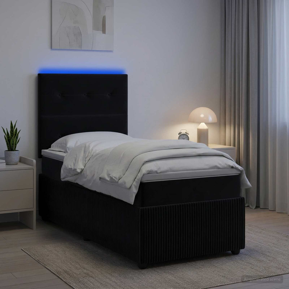 LED boksmadrasseng med madras Sort 90 x 200 cm Fløjl