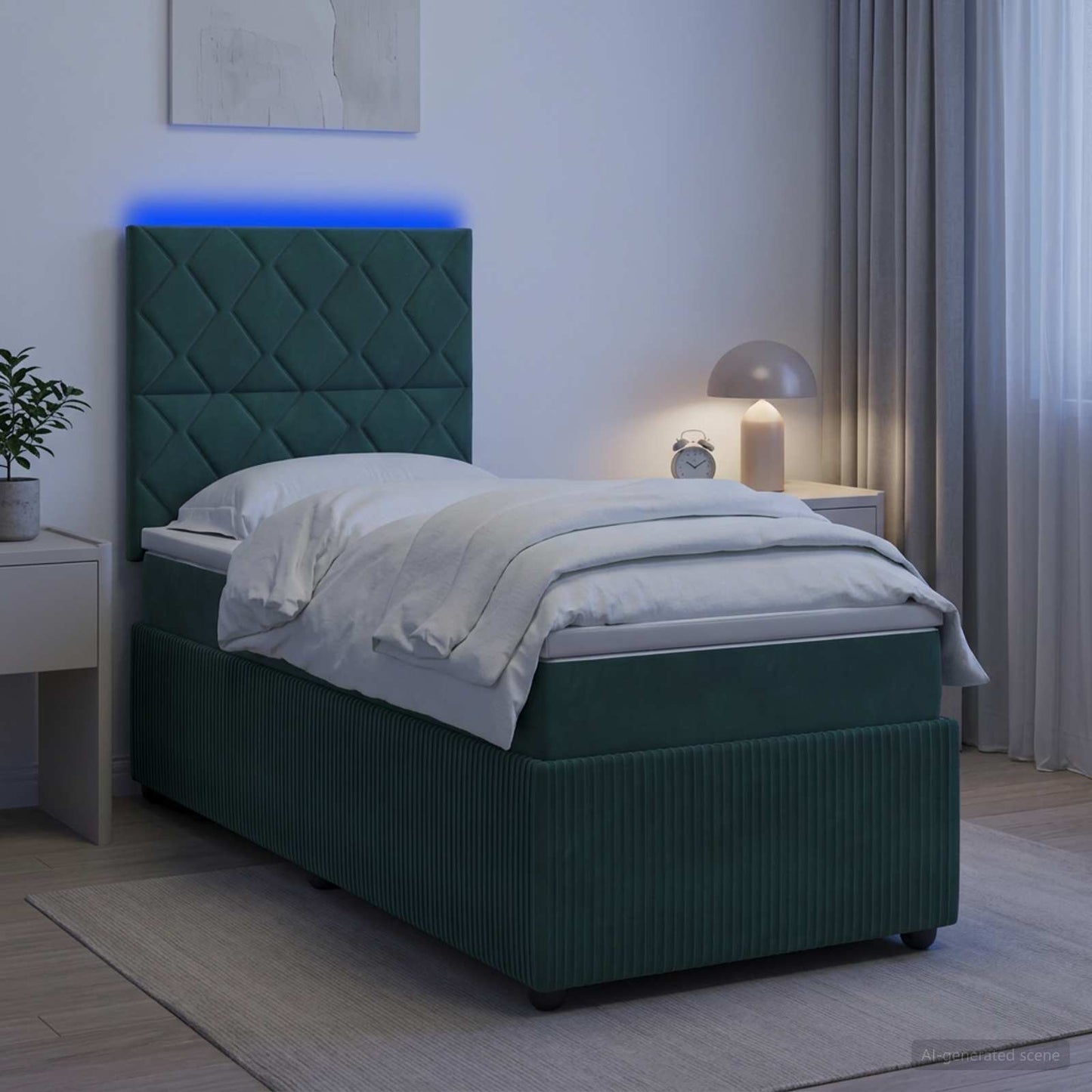 LED boksmadrasseng med madras Mørkegrøn 90 x 190 cm Fløjl