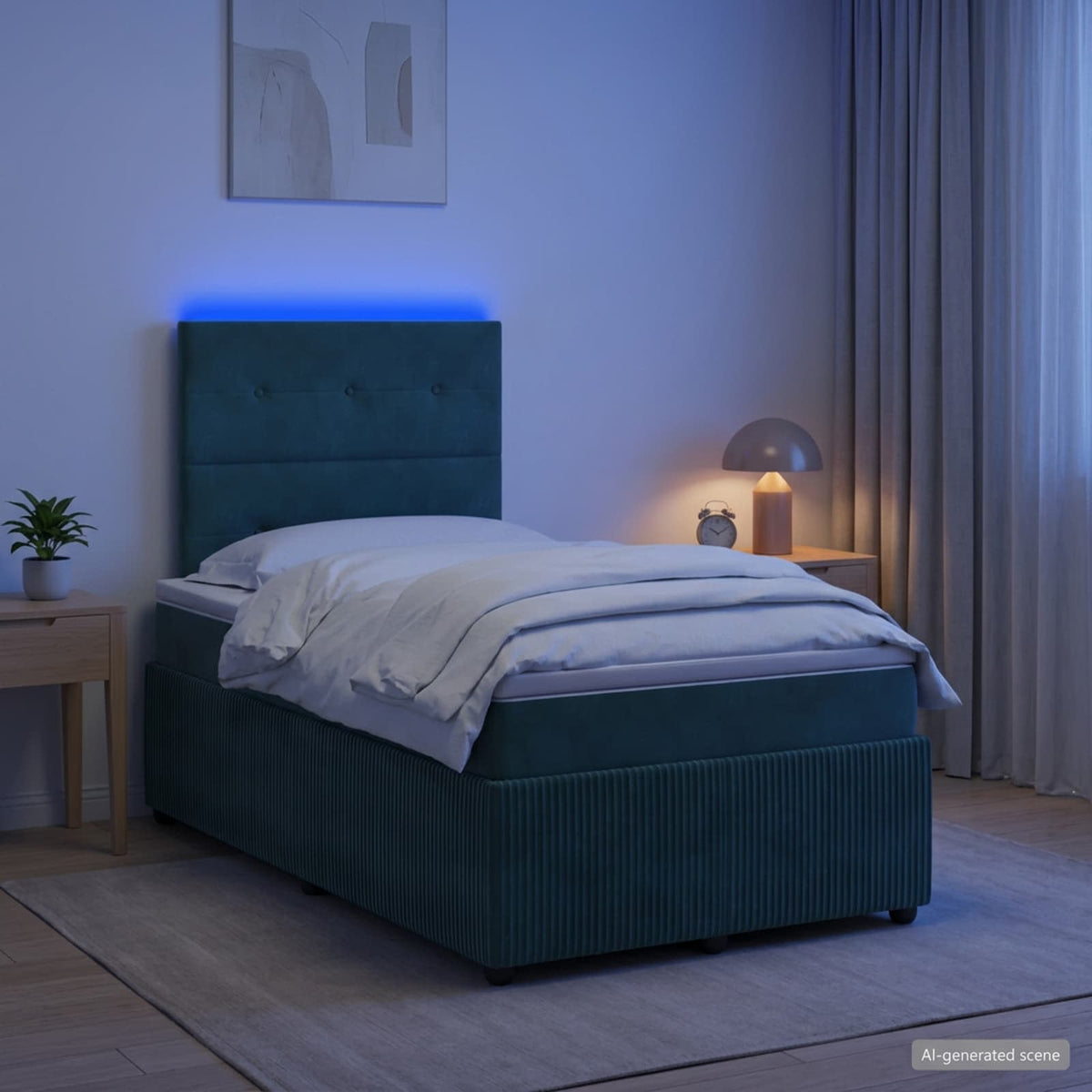 LED boksmadrasseng med madras Mørkegrøn 120 x 200 cm Fløjl