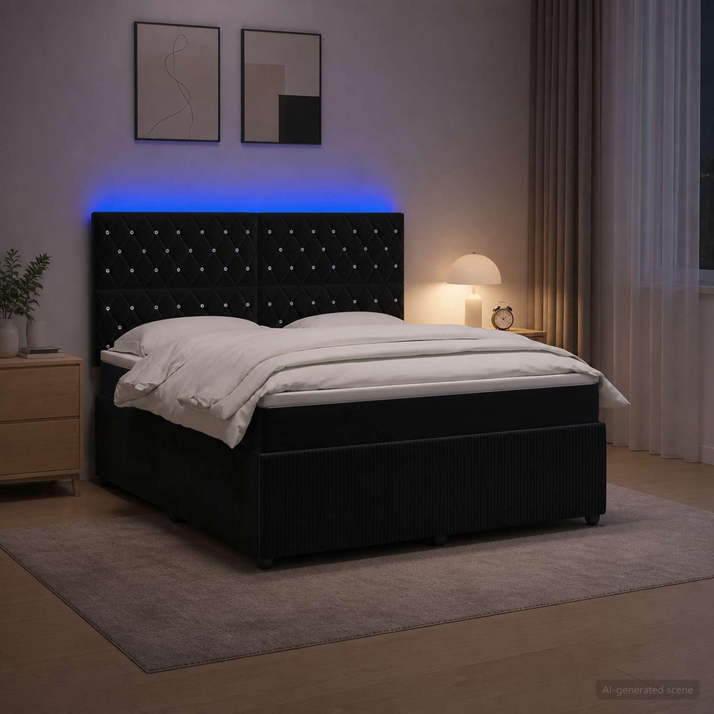 LED boksmadrasseng med madras Sort 160 x 200 cm Fløjl