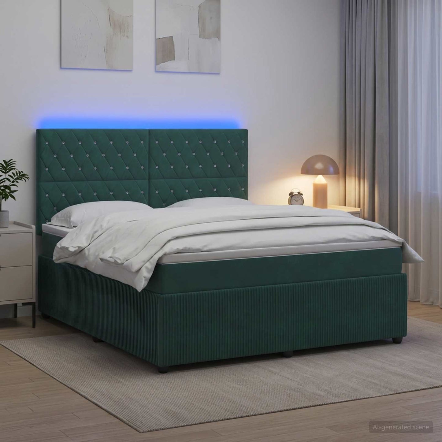 LED boksmadrasseng med madras Mørkegrøn 140 x 190 cm Fløjl