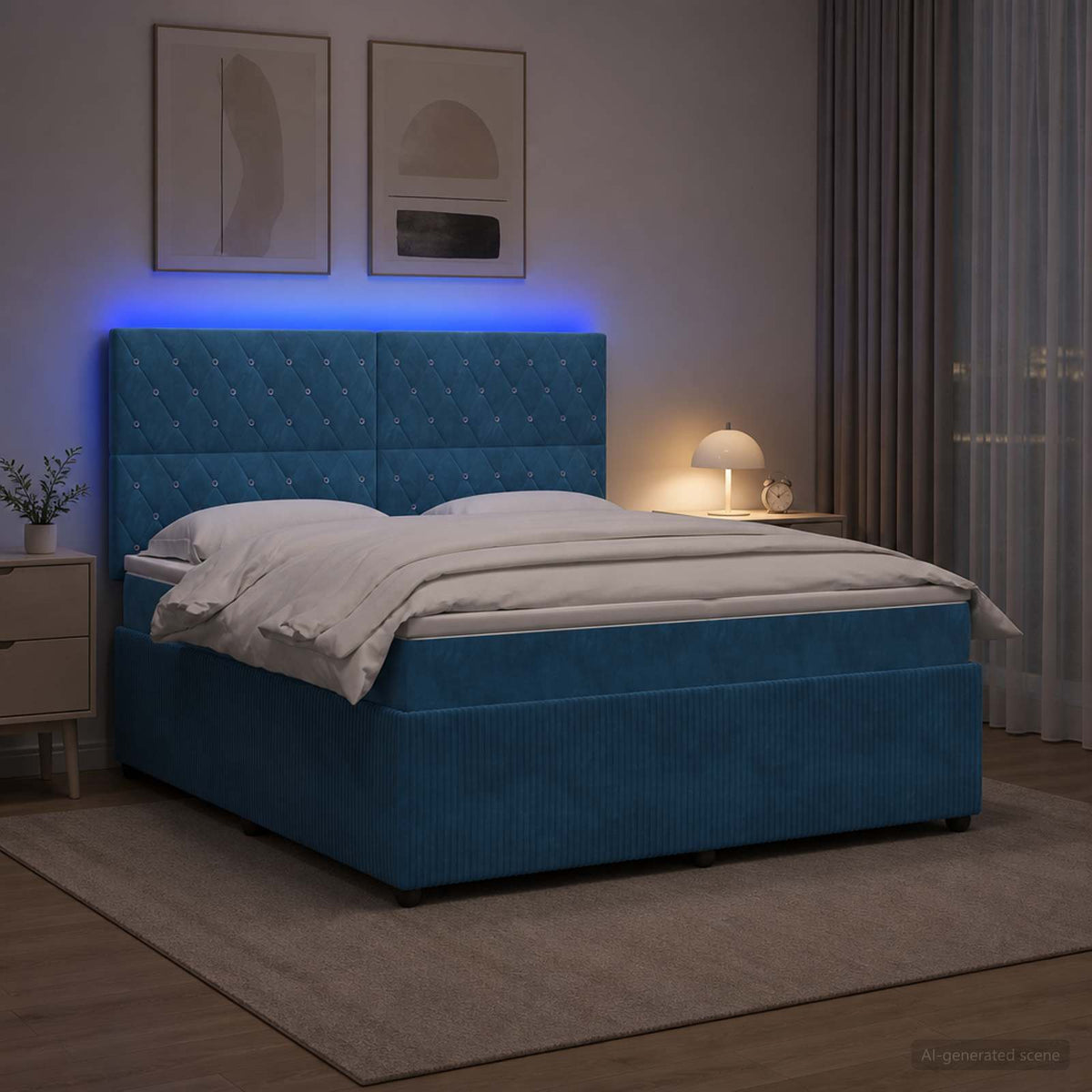 LED boksmadrasseng med madras Blå 140 x 200 cm Fløjl