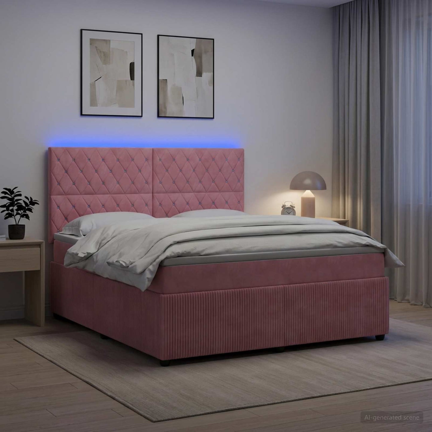 LED boksmadrasseng med madras Lyserød 140 x 190 cm Fløjl