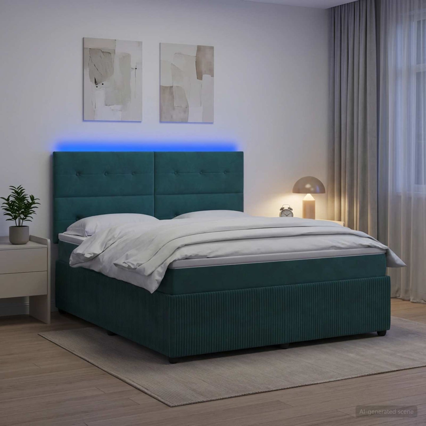 LED boksmadrasseng med madras Mørkegrøn 180 x 200 cm Fløjl