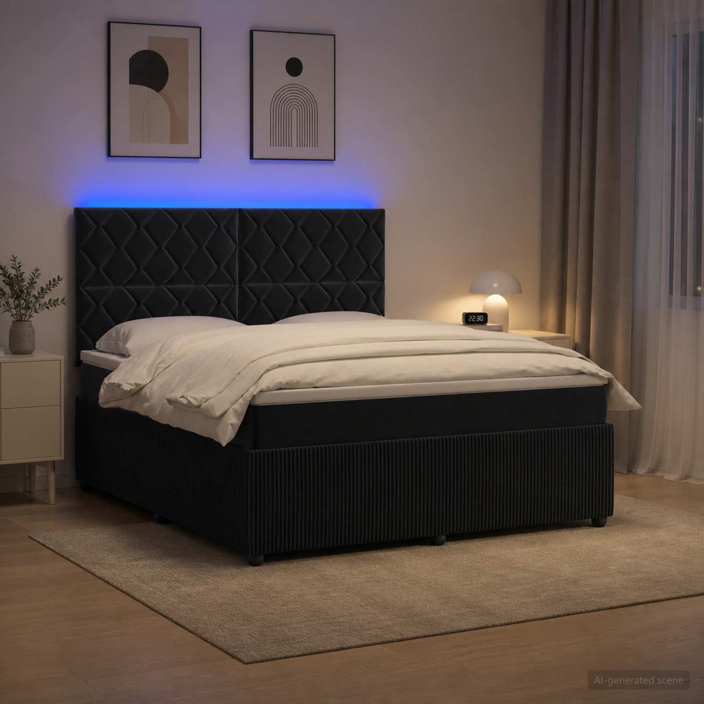LED boksmadrasseng med madras Sort 180 x 200 cm Fløjl