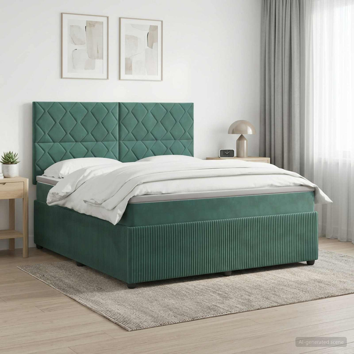 LED boksmadrasseng med madras Mørkegrøn 140 x 190 cm Fløjl
