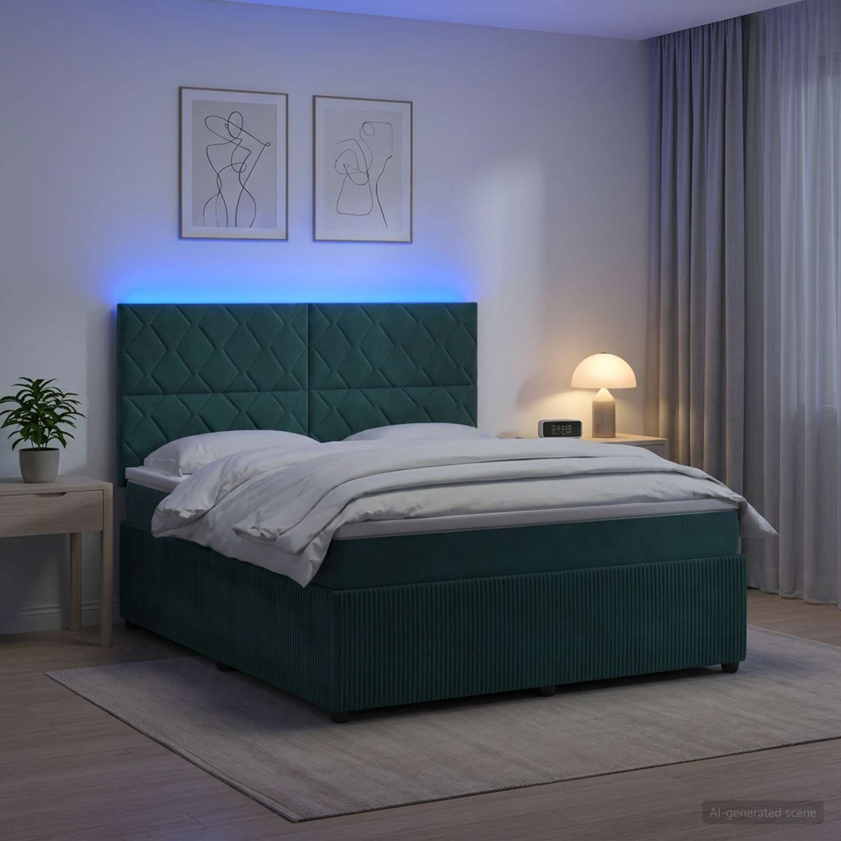 LED boksmadrasseng med madras Mørkegrøn 140 x 190 cm Fløjl