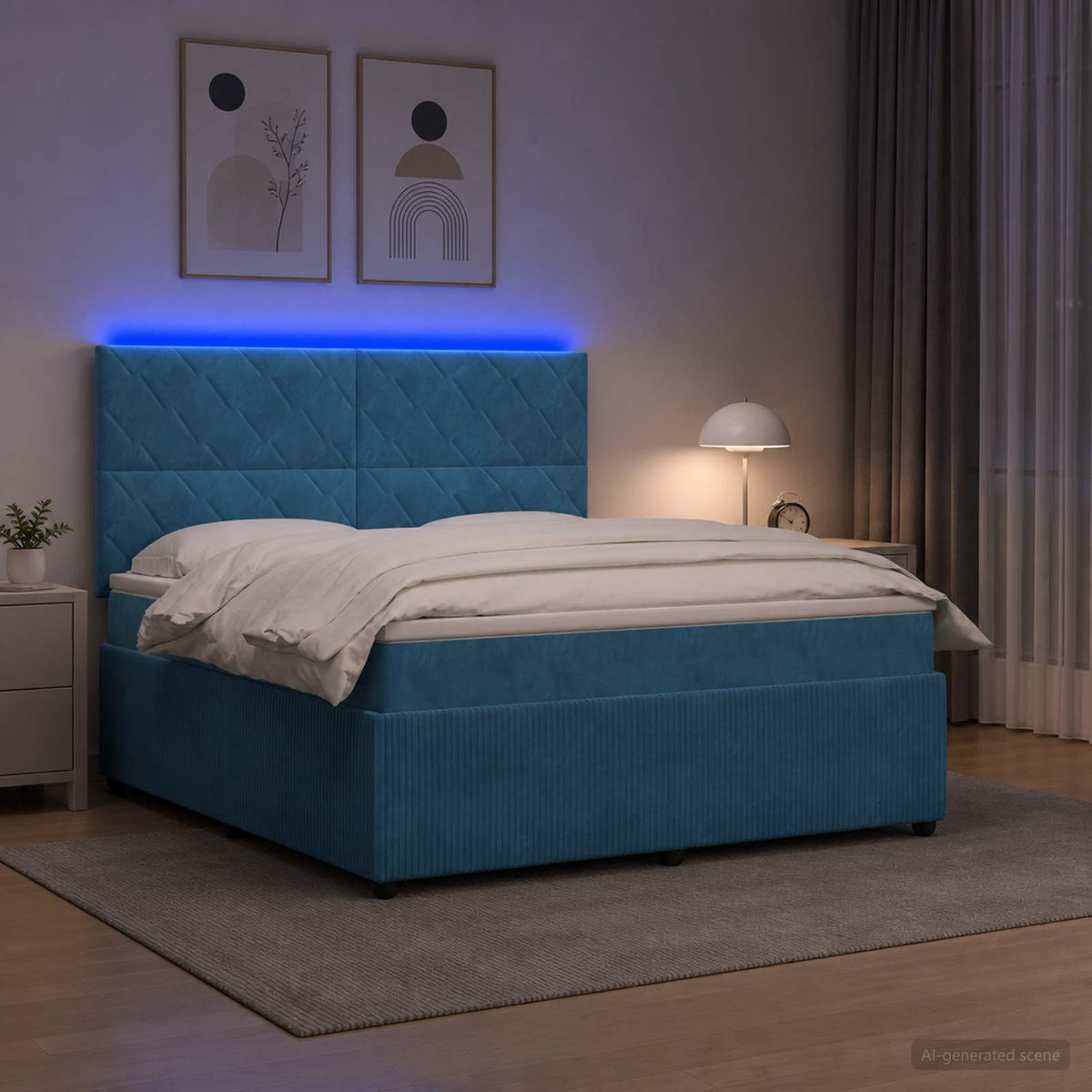 LED boksmadrasseng med madras Blå 160 x 200 cm Fløjl
