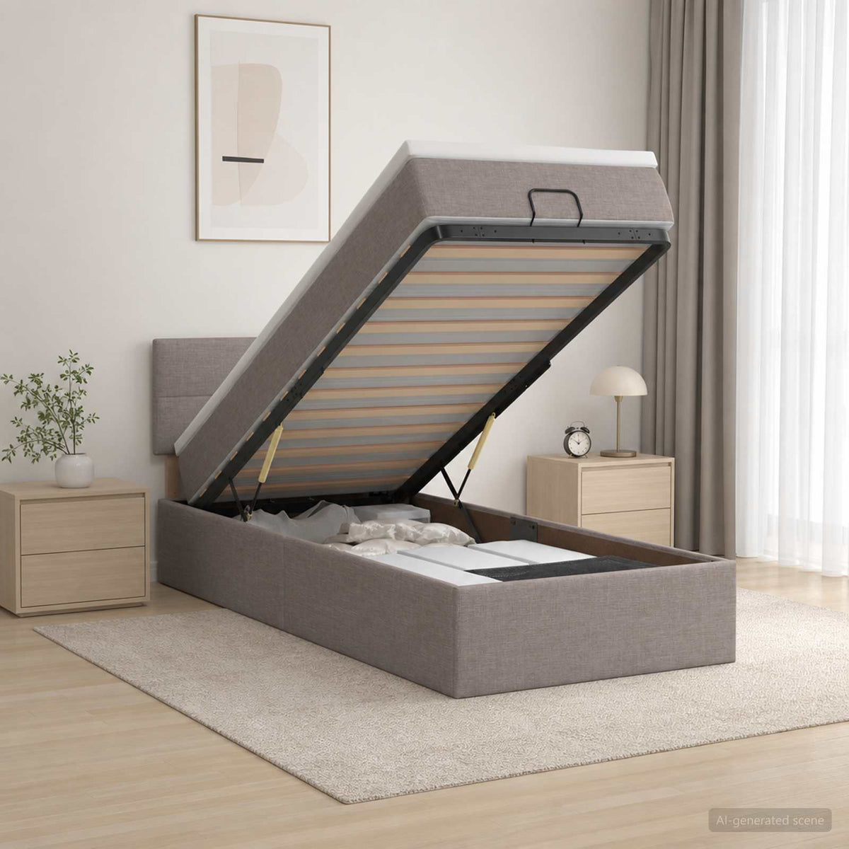 Ottoman seng med madras og LED Gråbrun 100 x 200 cm Stof