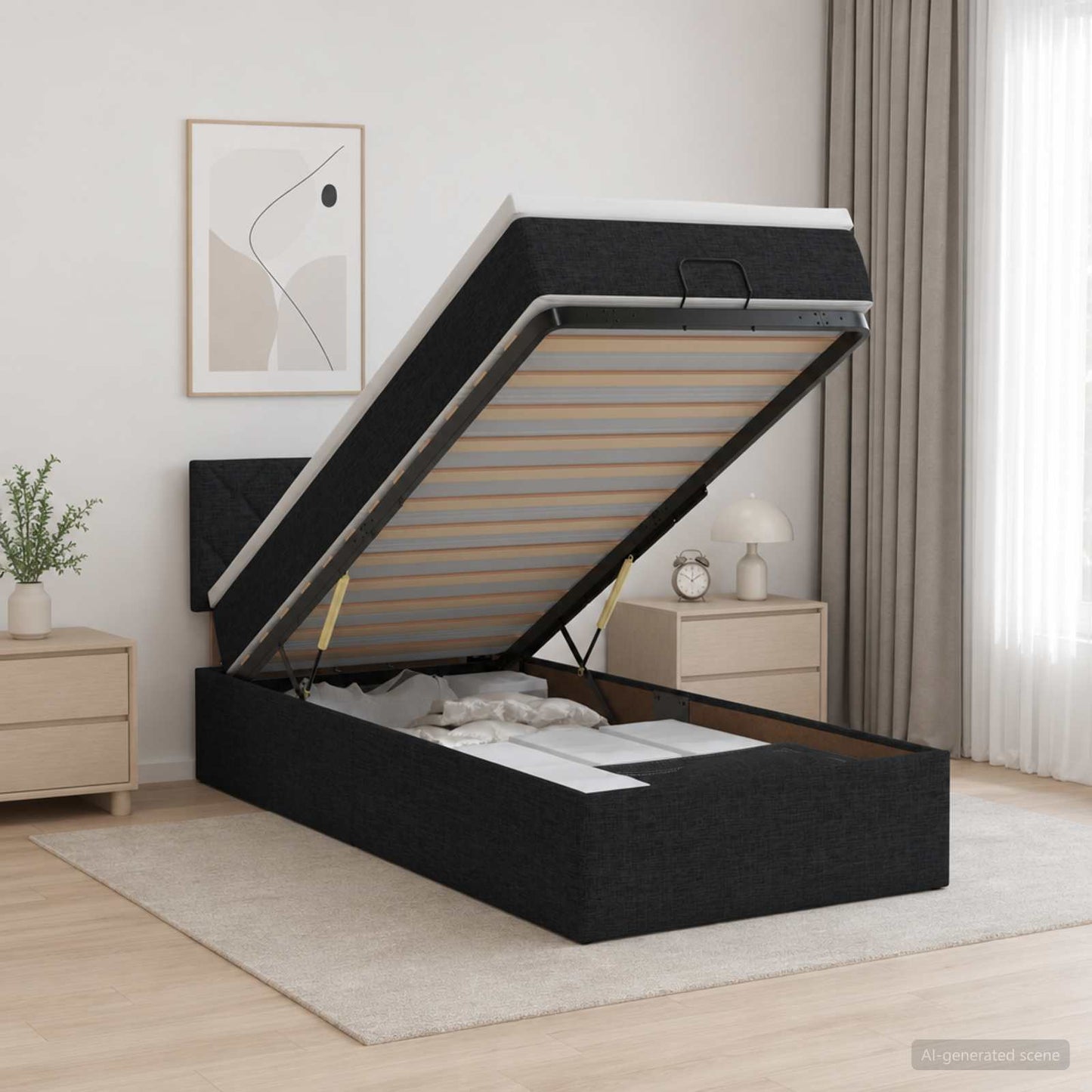Ottoman seng med madras og LED Sort 80 x 200 cm Stof