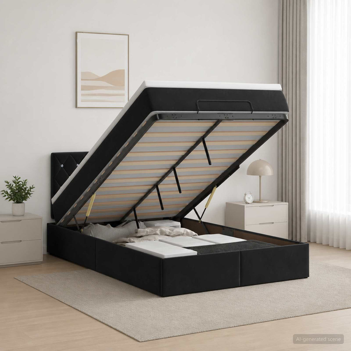 Ottoman seng med madras og LED Sort 120 x 190 cm Velour