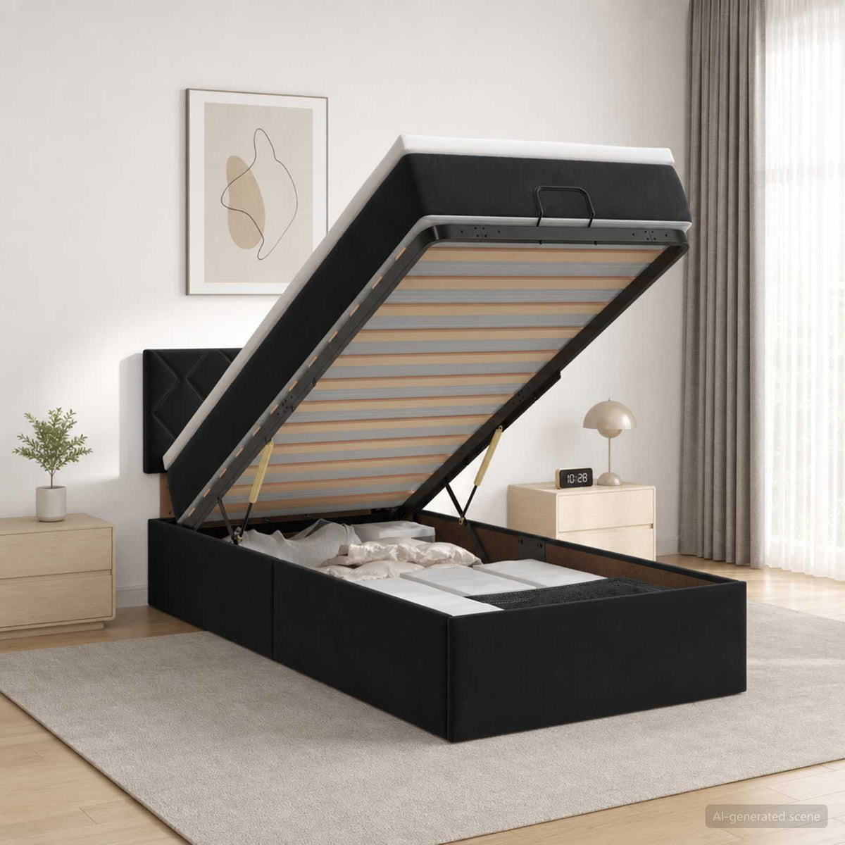 Ottoman seng med madras og LED Sort 90 x 200 cm Velour