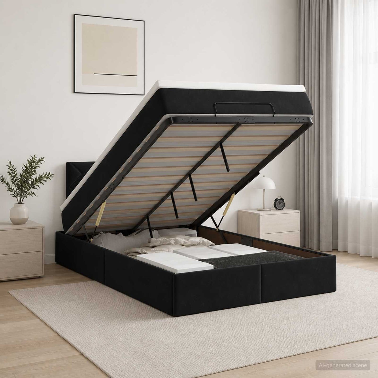 Ottoman seng med madras og LED Sort 120 x 190 cm Velour