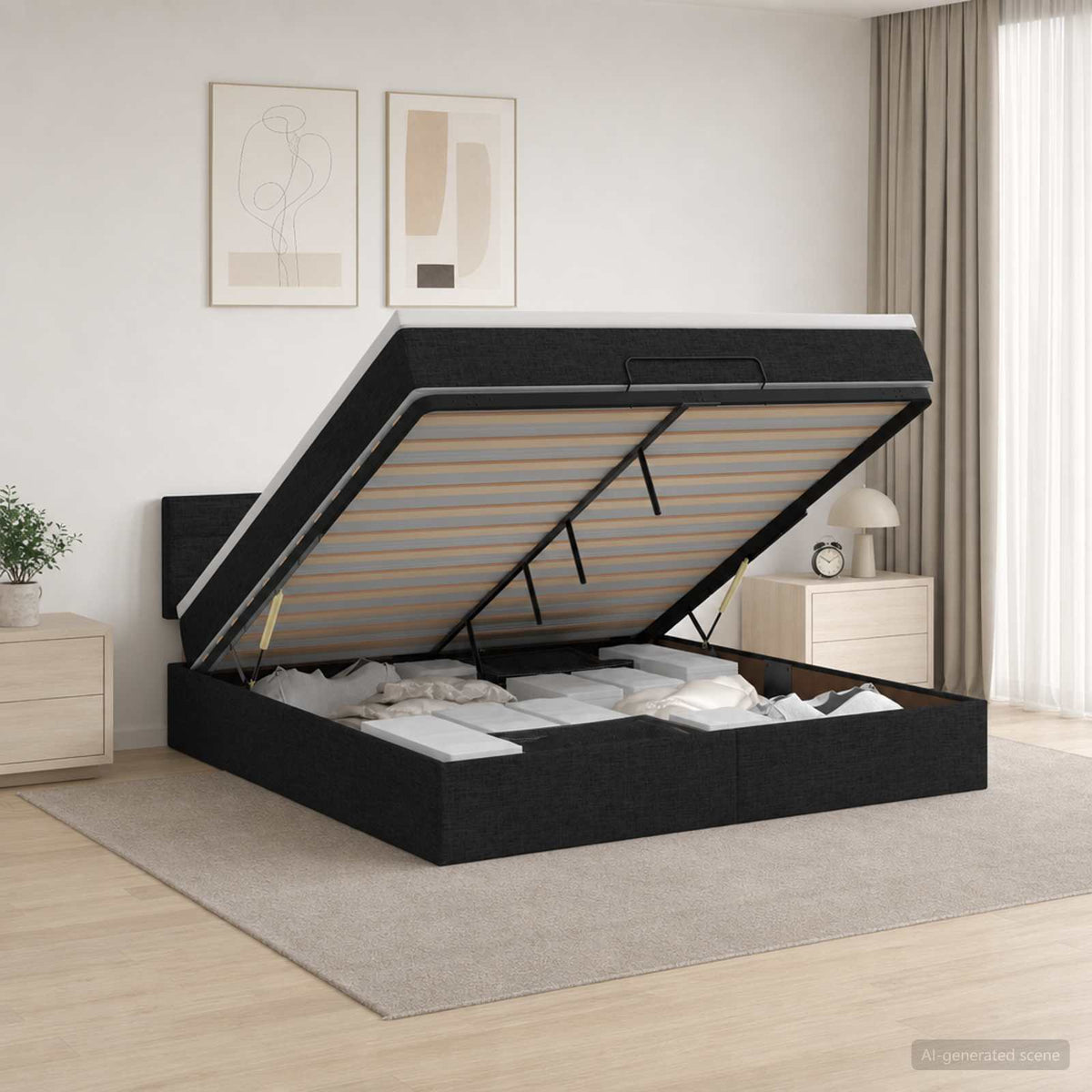 Ottoman seng med madras og LED Sort 140 x 200 cm Stof