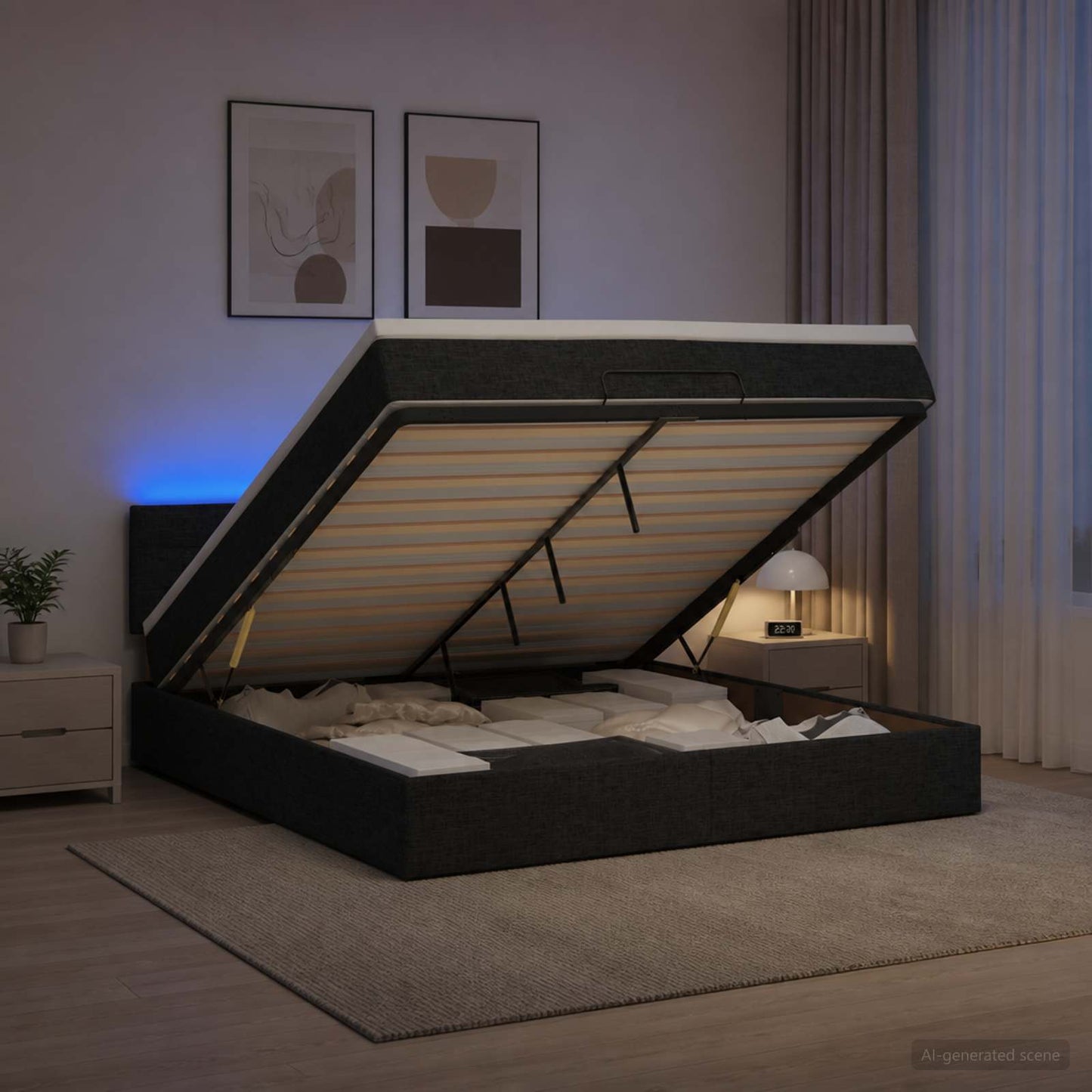 Ottoman seng med madras og LED Sort 160 x 200 cm Stof