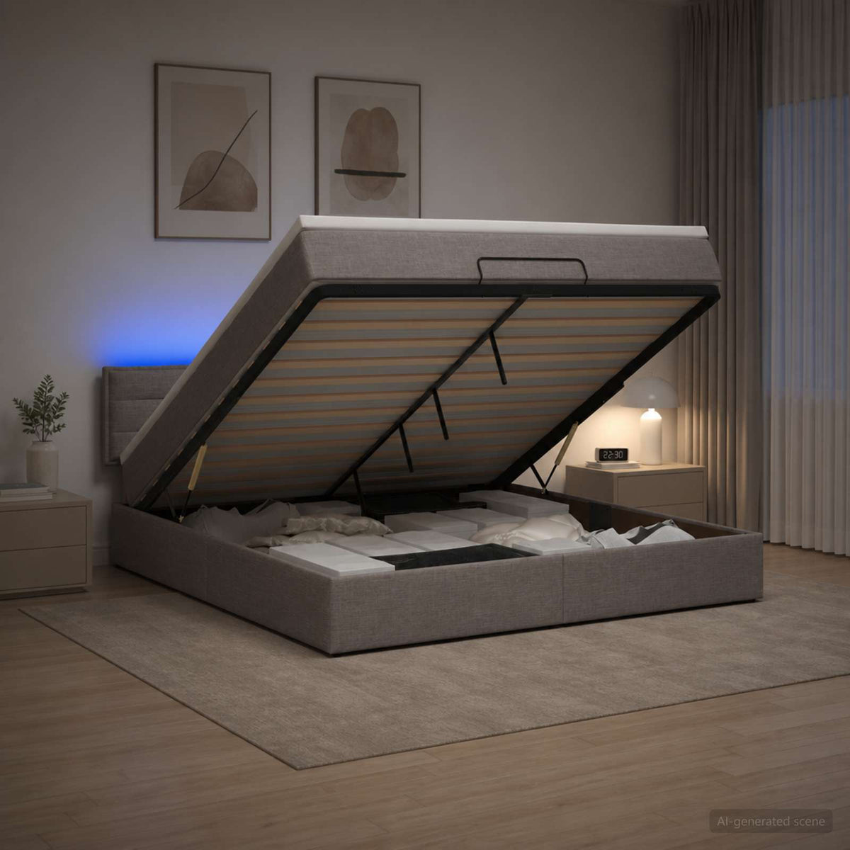 Ottoman seng med madras og LED Gråbrun 140 x 190 cm Stof