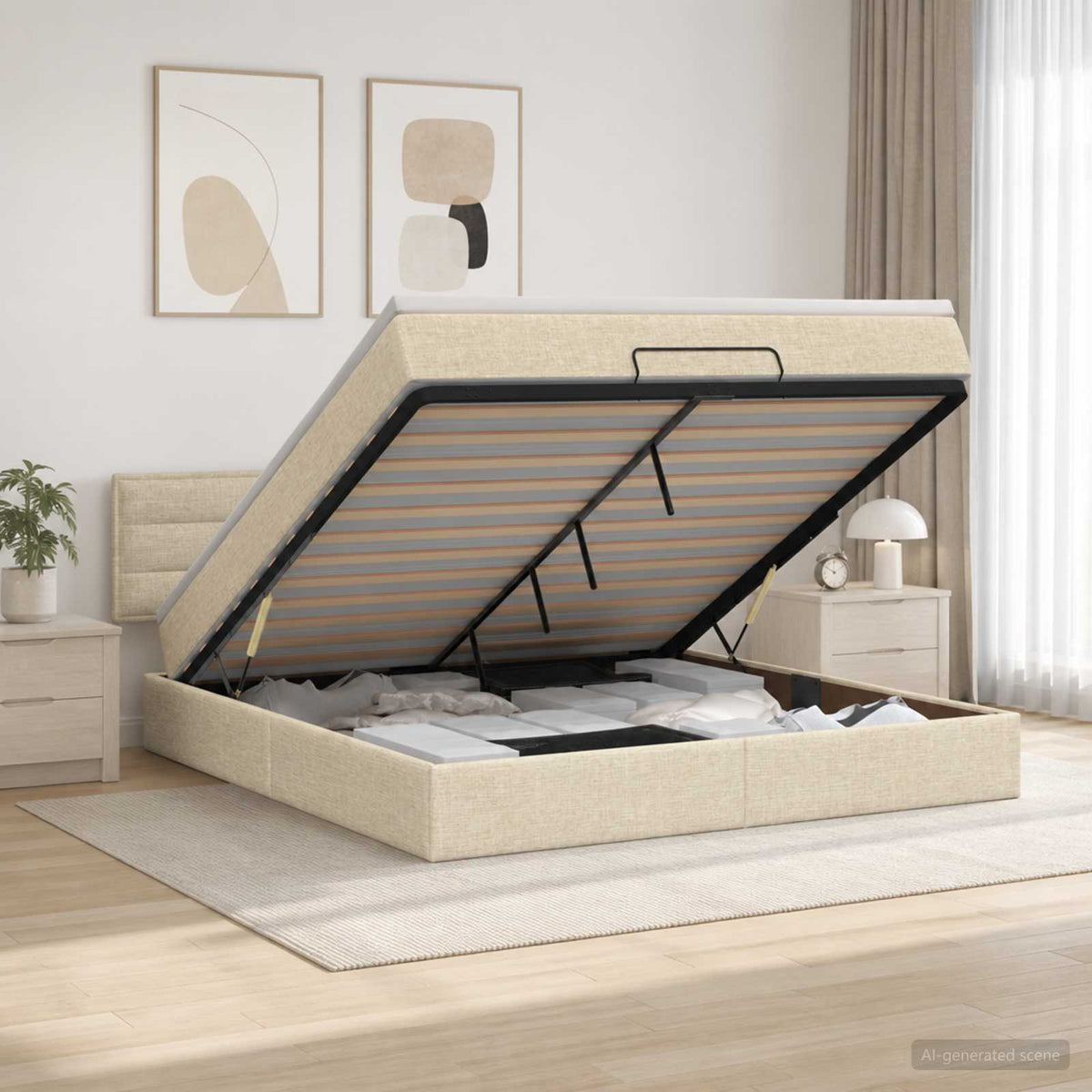 Ottoman seng med madras og LED Cremefarvet 140 x 200 cm Stof